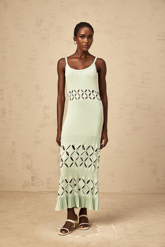 Piper Maxi Dress Cut-out Pleated in Green Mint Hue Sleeveless Spaghetti Straps
