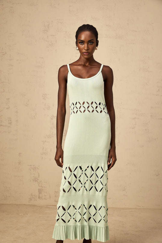Piper Maxi Dress Cut-out Pleated in Green Mint Hue Sleeveless Spaghetti Straps