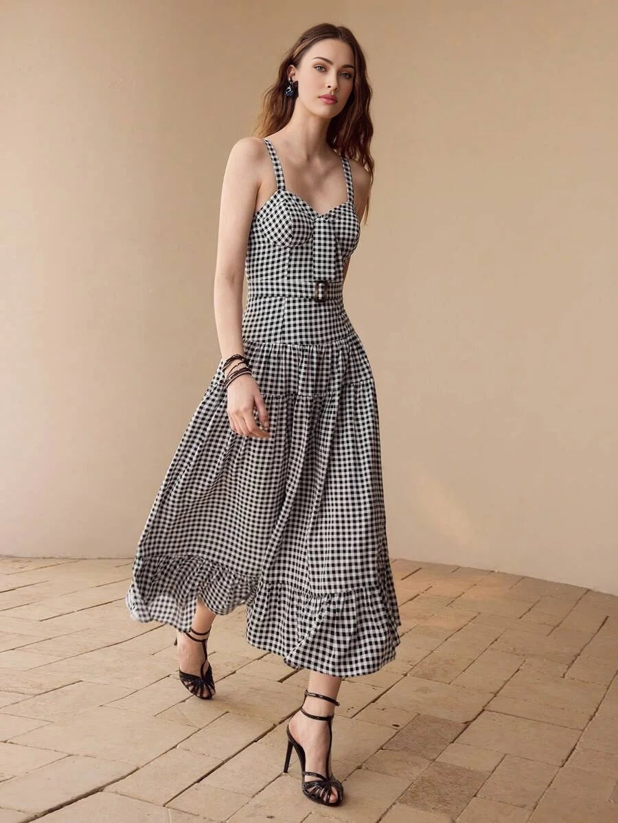 PLAID CUP DETAIL RUFFLE HEM DRESS