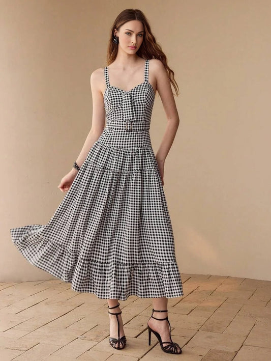 PLAID CUP DETAIL RUFFLE HEM DRESS