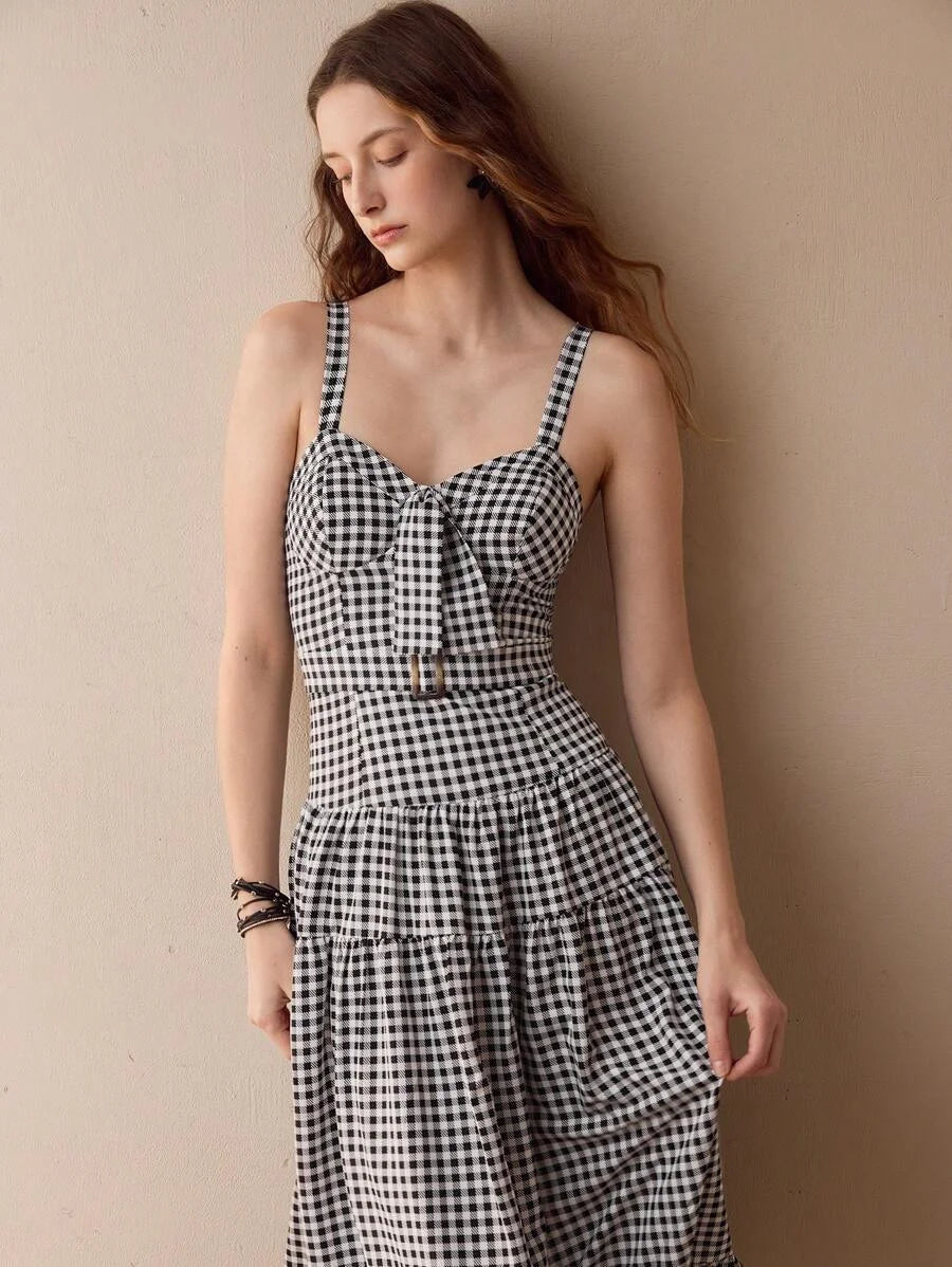 PLAID CUP DETAIL RUFFLE HEM DRESS