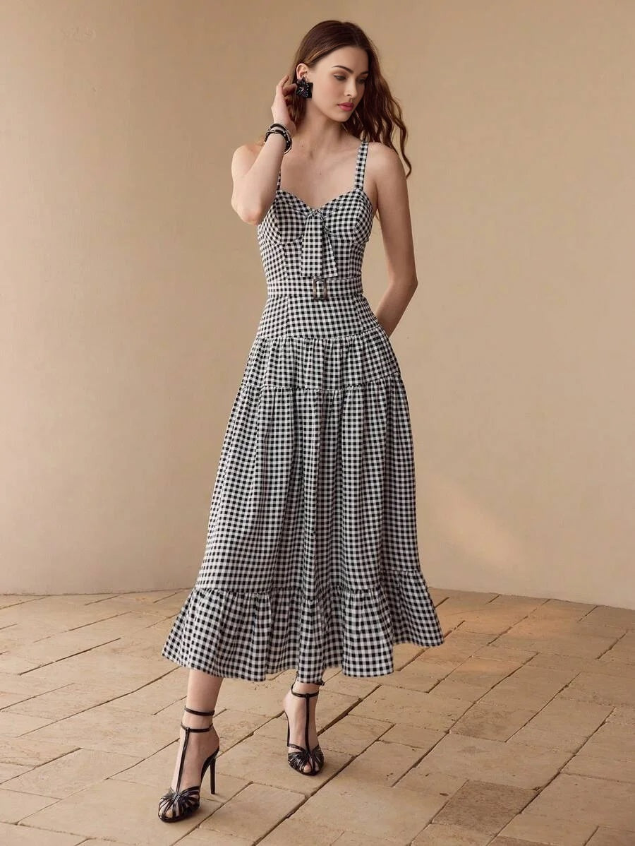 PLAID CUP DETAIL RUFFLE HEM DRESS