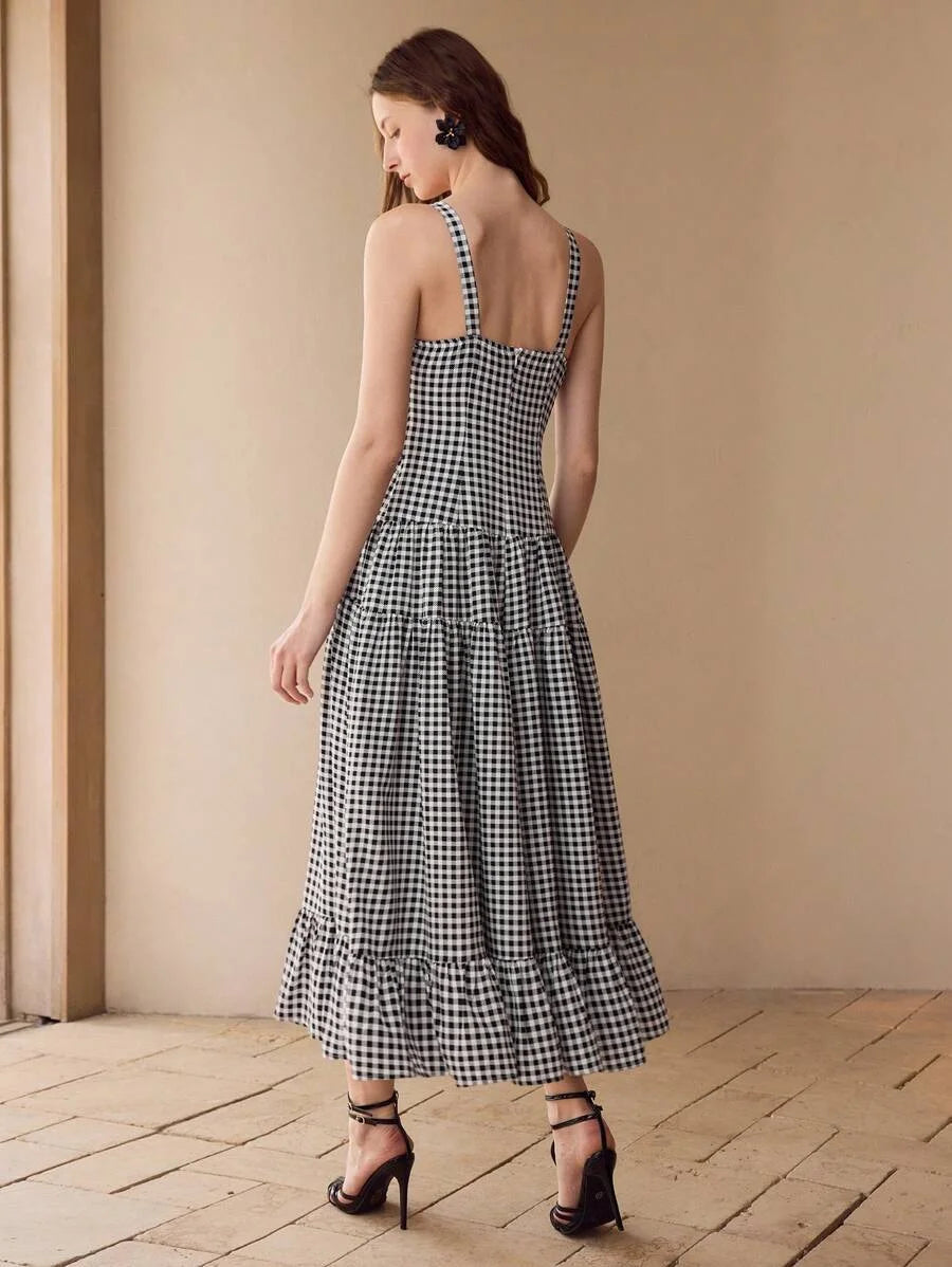 PLAID CUP DETAIL RUFFLE HEM DRESS