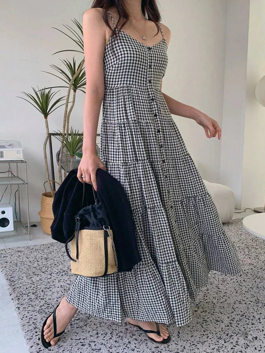 PLAID CUP DETAIL RUFFLE HEM DRESS