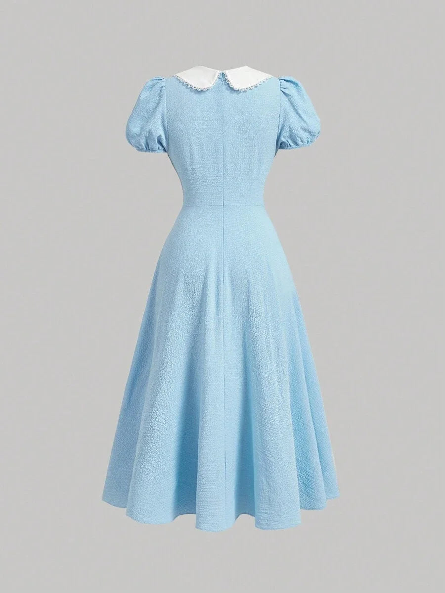 Pleated Texture Peter Pan Collar Colorblock HighSlit Midi Grad Dress With Bow DecorationFor Summer