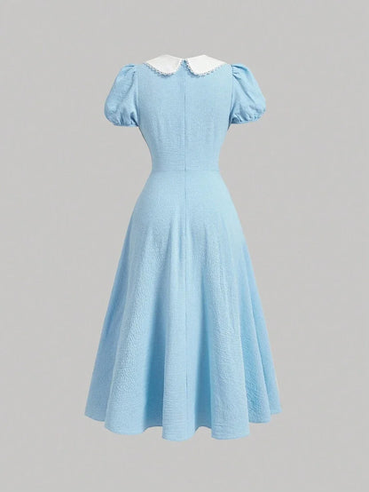 Pleated Texture Peter Pan Collar Colorblock HighSlit Midi Grad Dress With Bow DecorationFor Summer