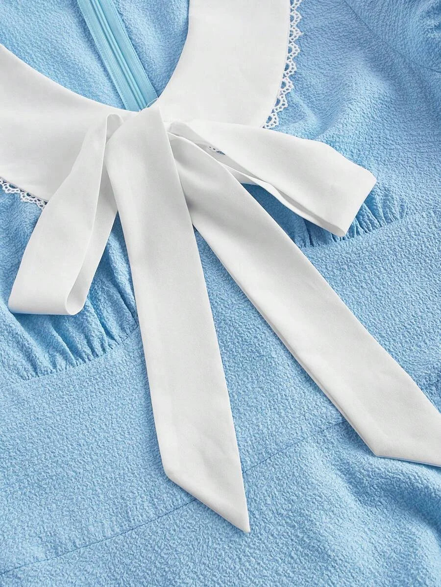 Pleated Texture Peter Pan Collar Colorblock HighSlit Midi Grad Dress With Bow DecorationFor Summer