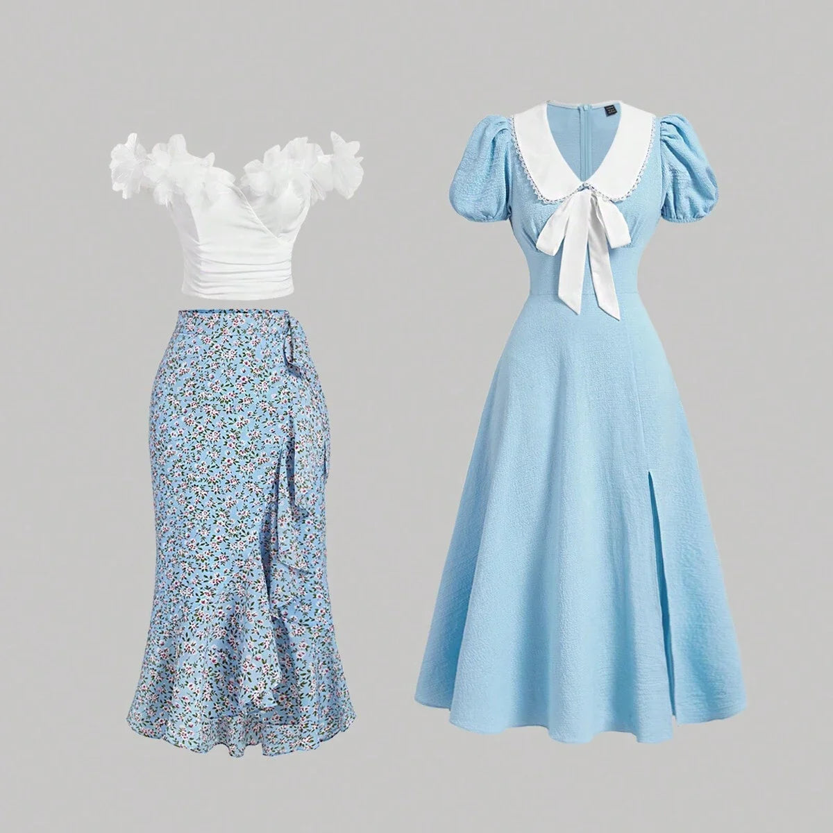 Pleated Texture Peter Pan Collar Colorblock HighSlit Midi Grad Dress With Bow DecorationFor Summer