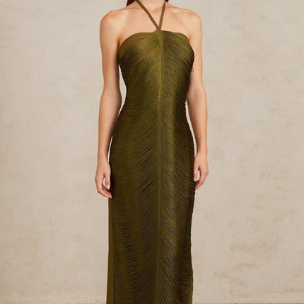 Polliana wearing Olive Green Fringed Corset Maxi Gown