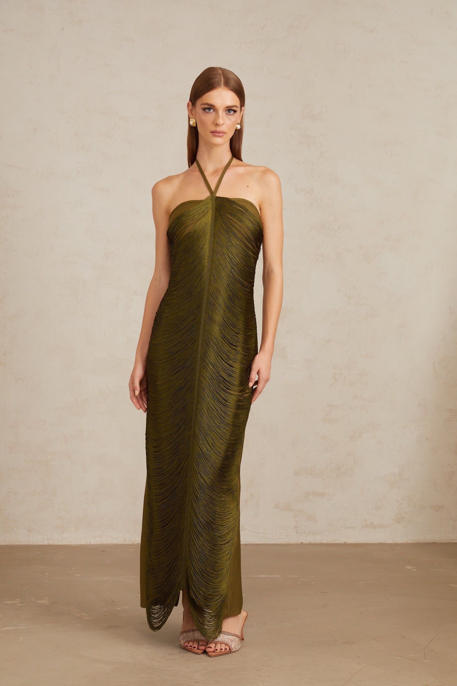 Polliana Olive Green Fringed Corset Maxi Gown
