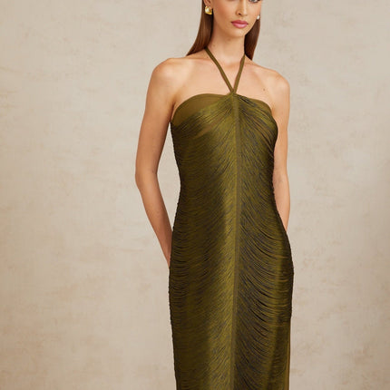 Polliana wearing Olive Green Fringed Corset Maxi Gown