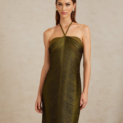Polliana wearing Olive Green Fringed Corset Maxi Gown