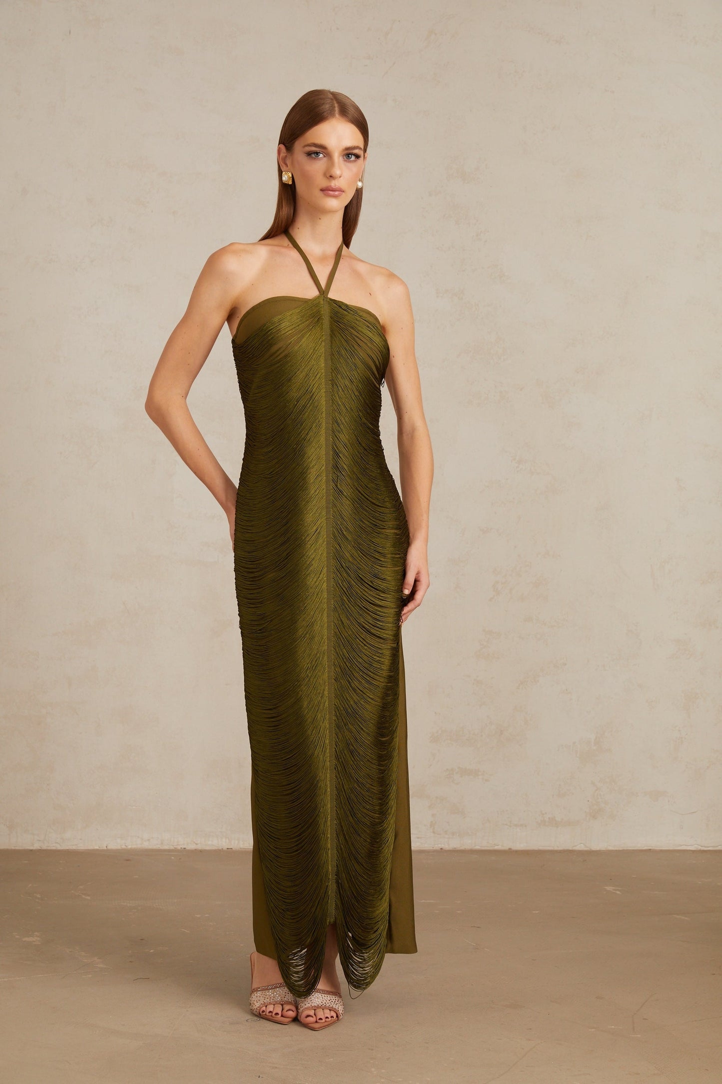 Polliana Olive Green Fringed Corset Maxi Gown