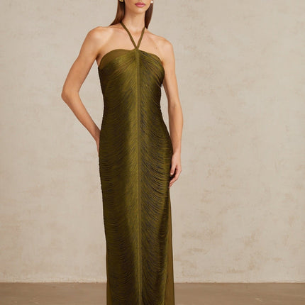 Polliana wearing Olive Green Fringed Corset Maxi Gown