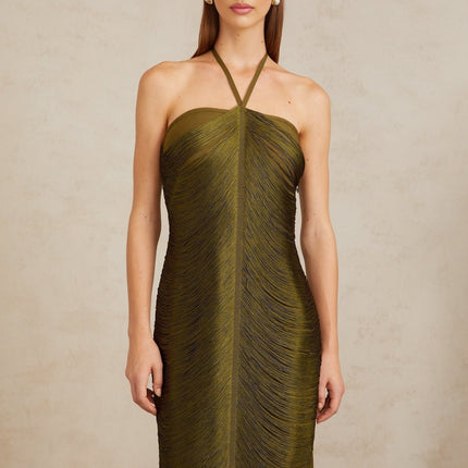 Polliana Olive Green Fringed Corset Maxi Gown in Green