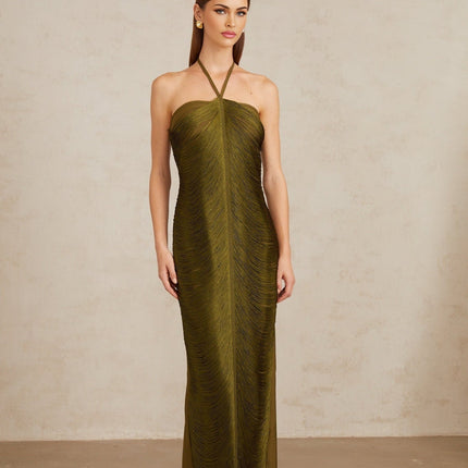Polliana wearing Olive Green Fringed Corset Maxi Gown