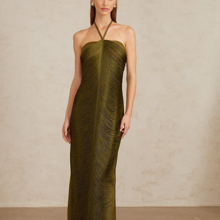 Polliana wearing Olive Green Fringed Corset Maxi Gown