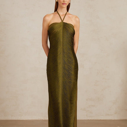Polliana wearing Olive Green Fringed Corset Maxi Gown