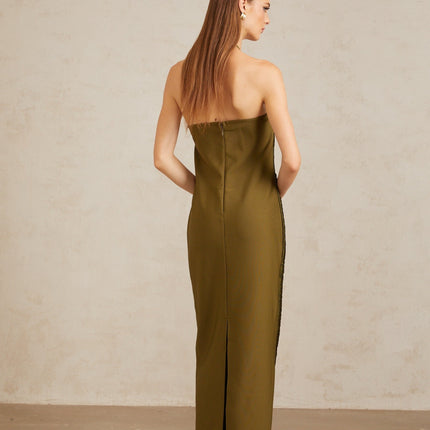 Polliana Olive Green Fringed Corset Maxi Gown in Green