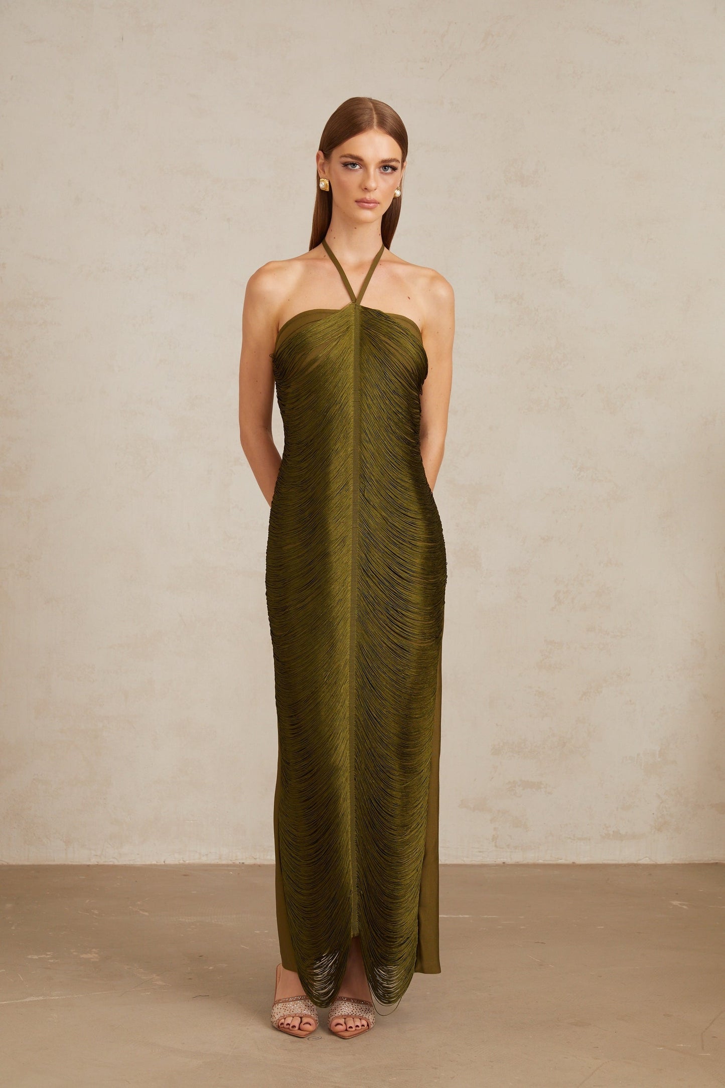 Polliana Olive Green Fringed Corset Maxi Gown