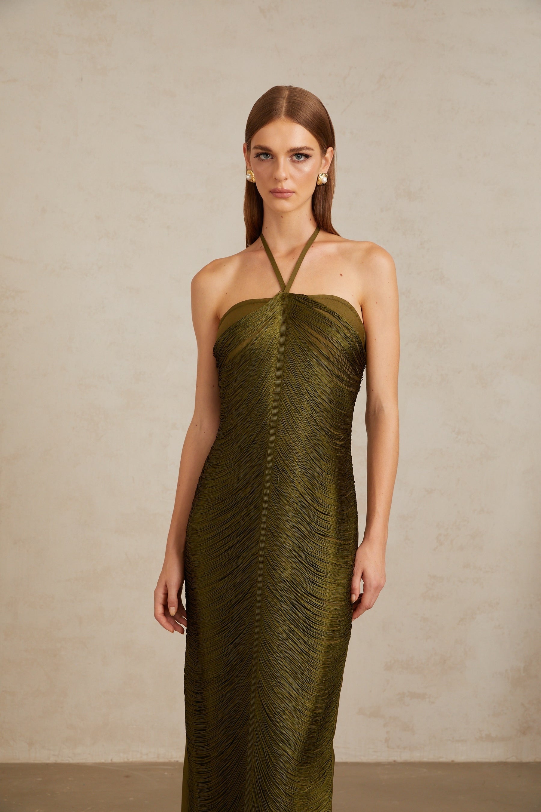 Polliana Olive Green Fringed Corset Maxi Gown