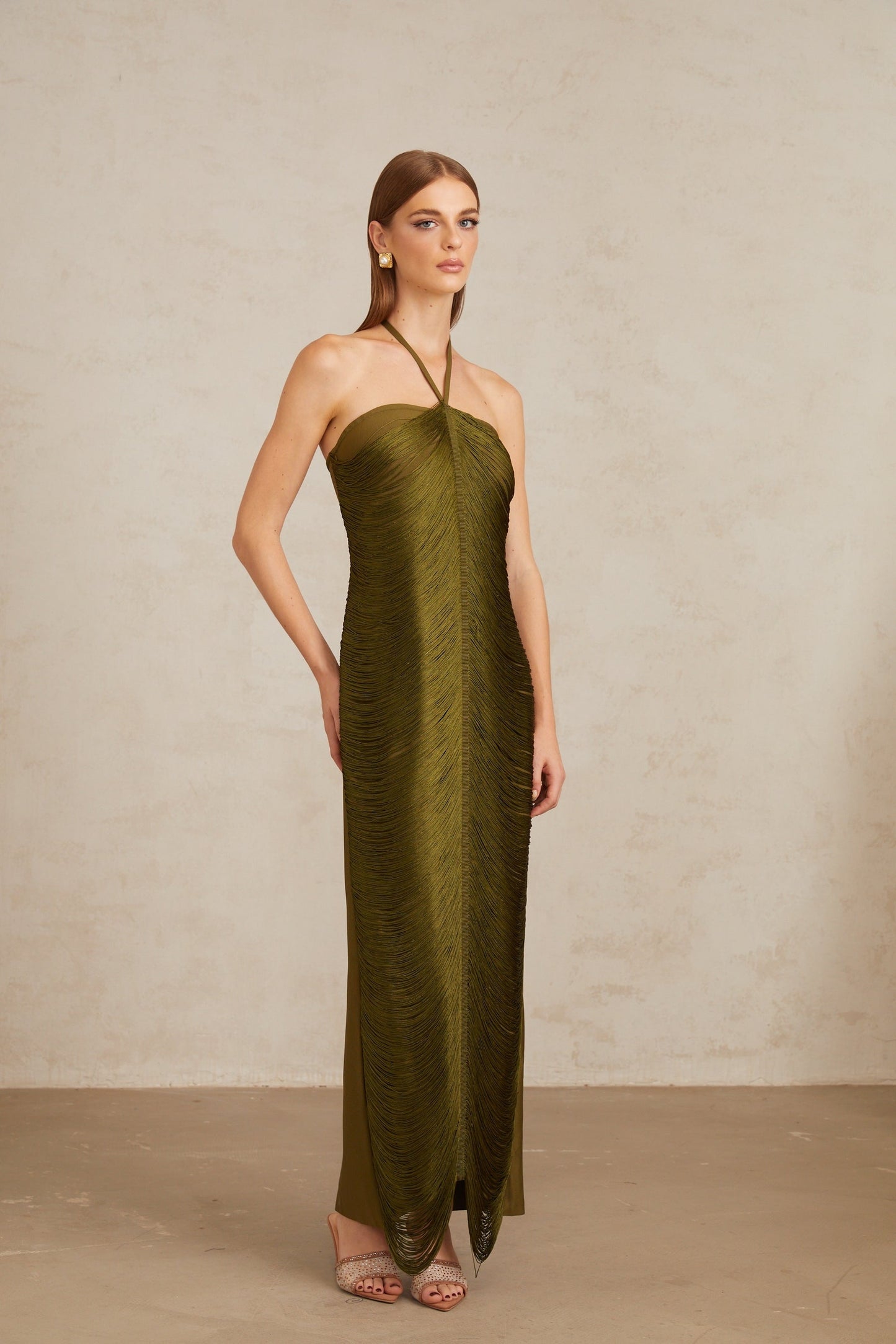 Polliana Olive Green Fringed Corset Maxi Gown