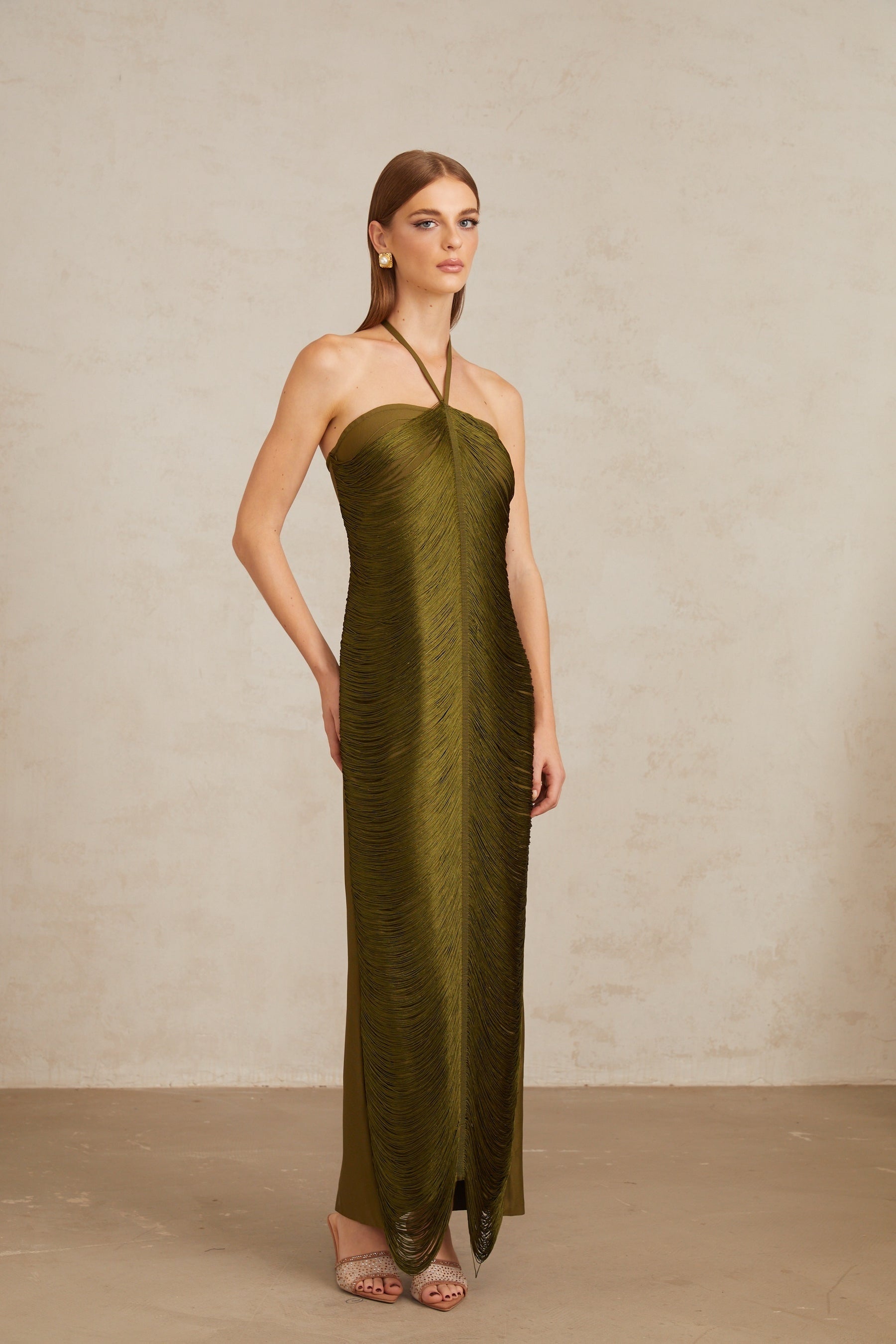 Polliana Olive Green Fringed Corset Maxi Gown
