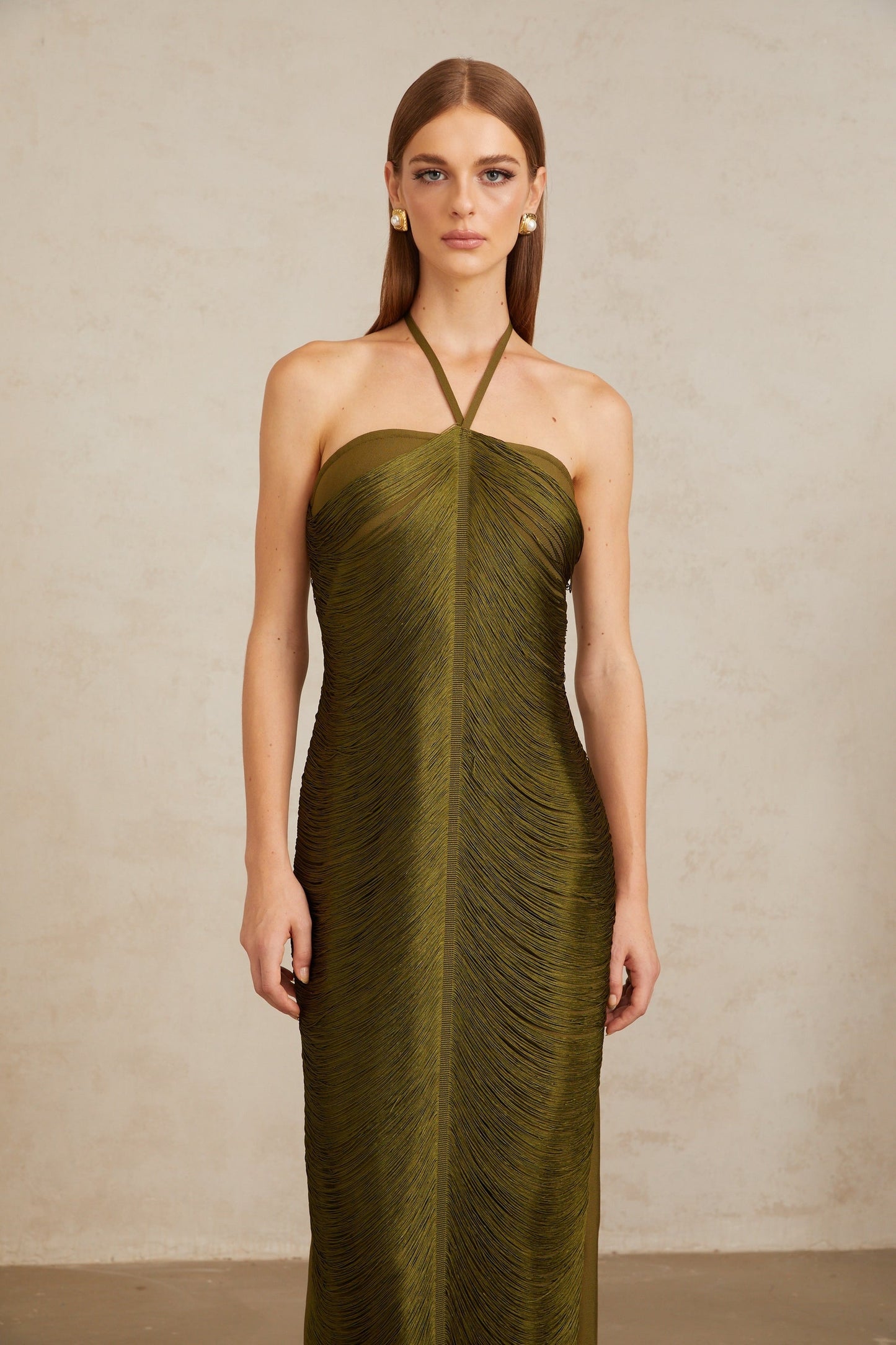 Polliana Olive Green Fringed Corset Maxi Gown