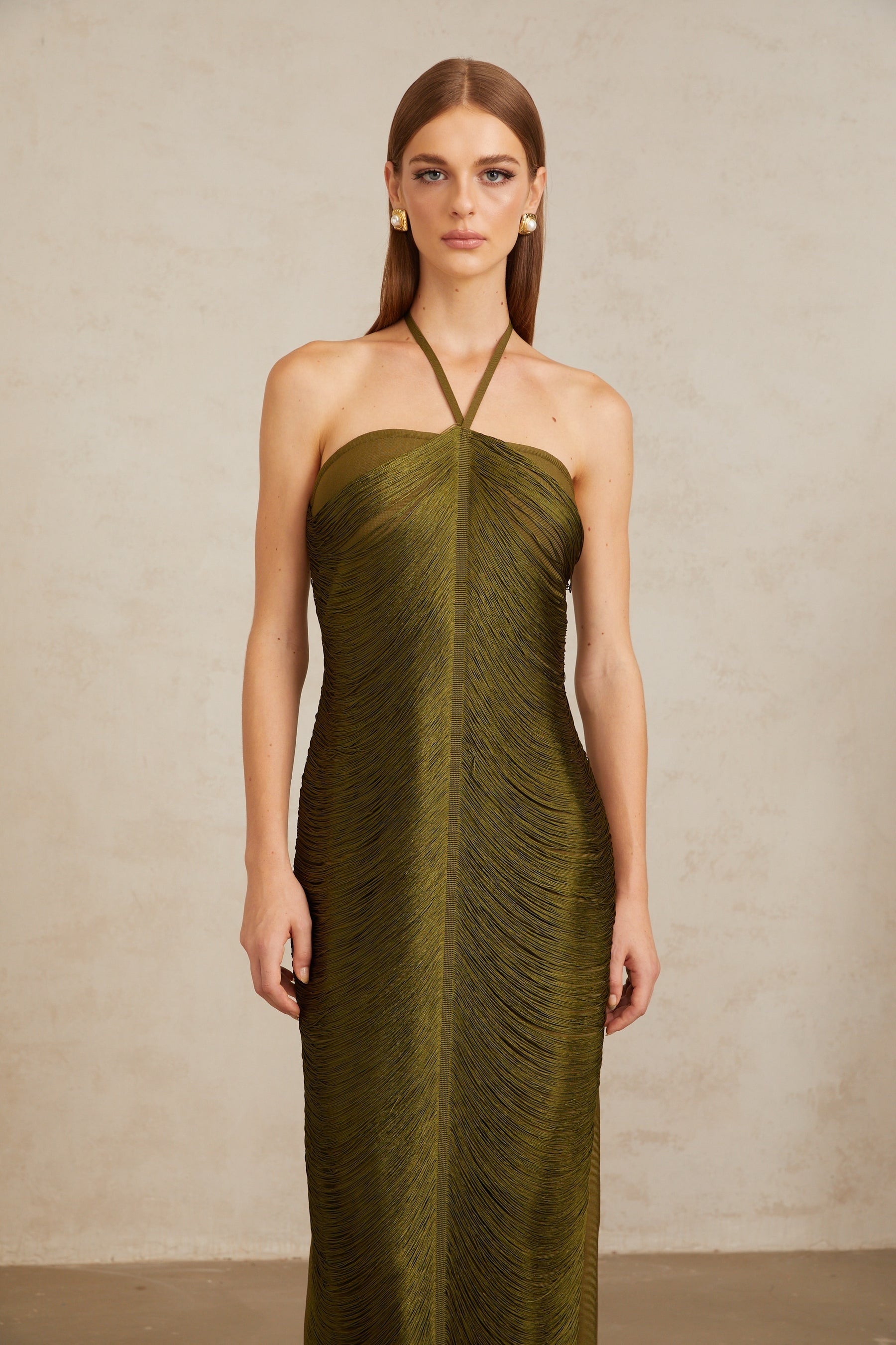 Polliana Olive Green Fringed Corset Maxi Gown
