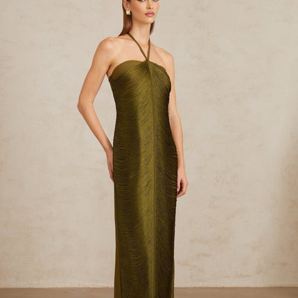 Polliana Olive Green Fringed Corset Maxi Gown in Green