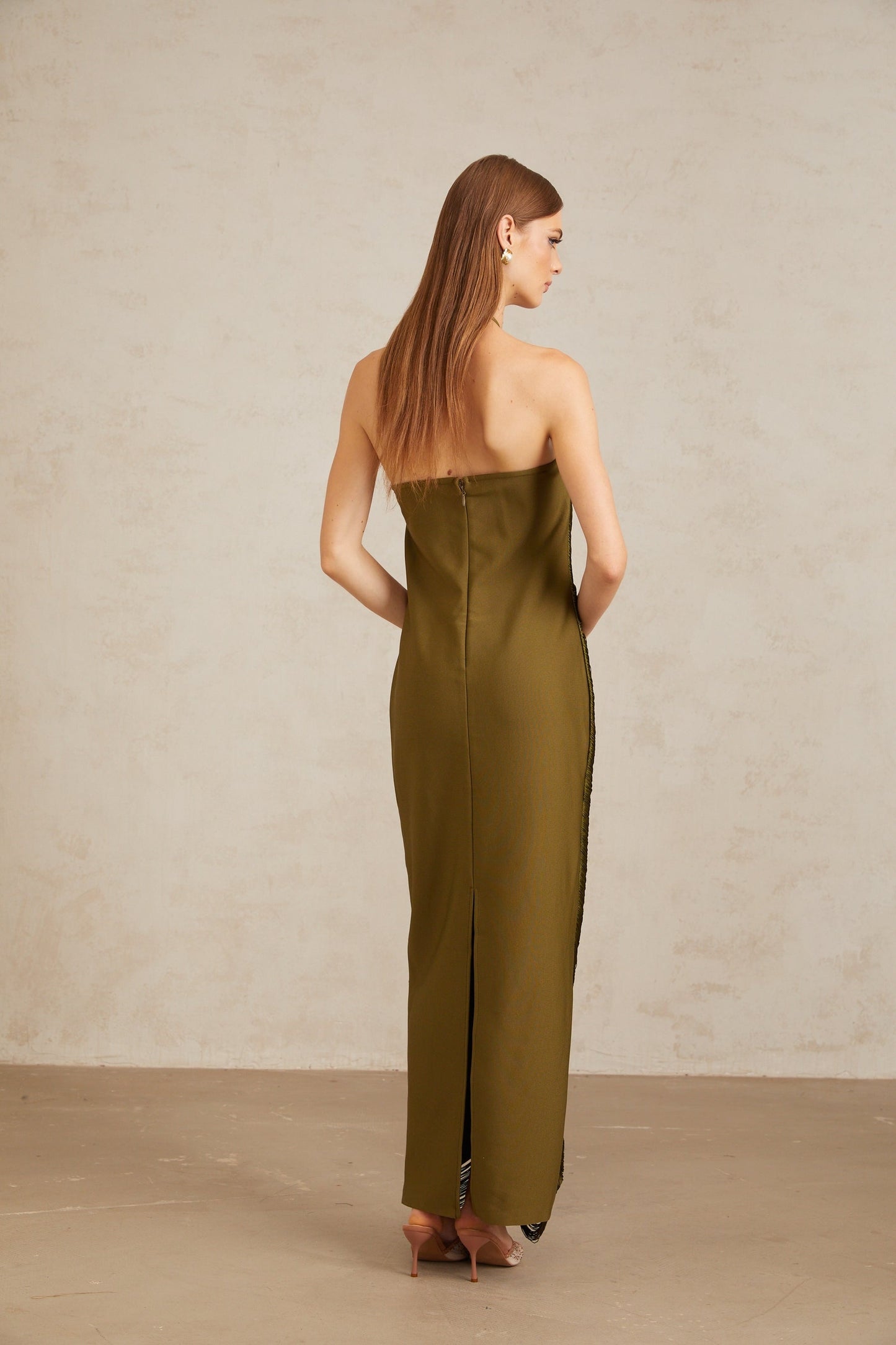 Polliana Olive Green Fringed Corset Maxi Gown