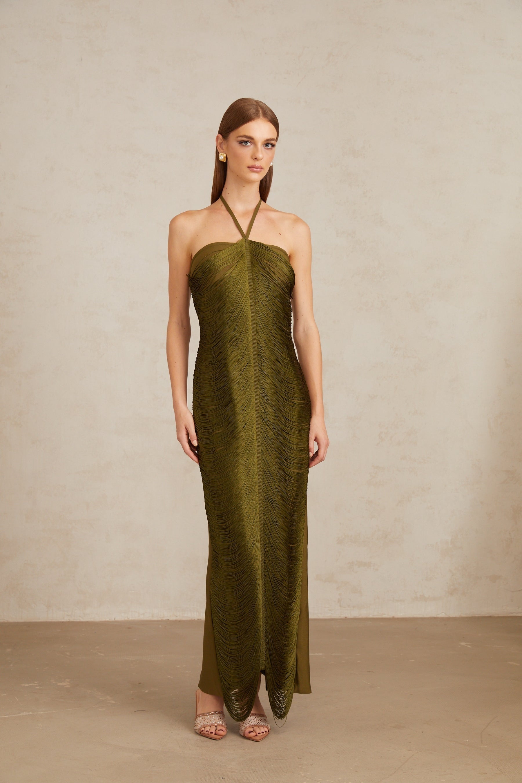 Polliana Olive Green Fringed Corset Maxi Gown