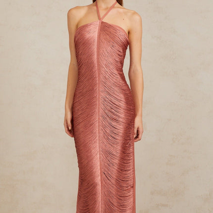 Polliana Pink Fringed Corset Maxi Gown in Pink