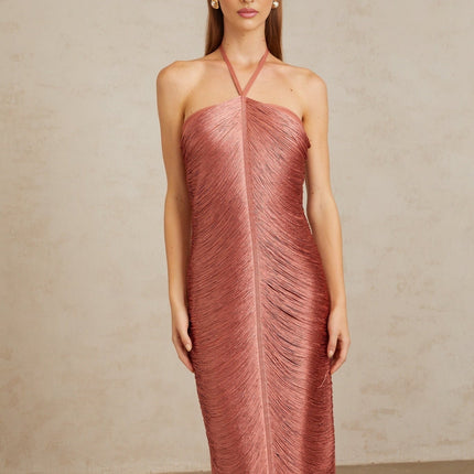 Polliana Pink Fringed Corset Maxi Gown in Pink