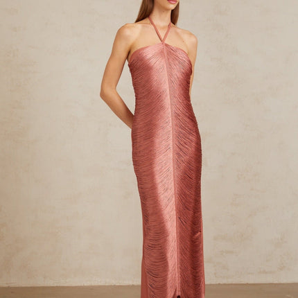 Polliana Pink Fringed Corset Maxi Gown in Pink color