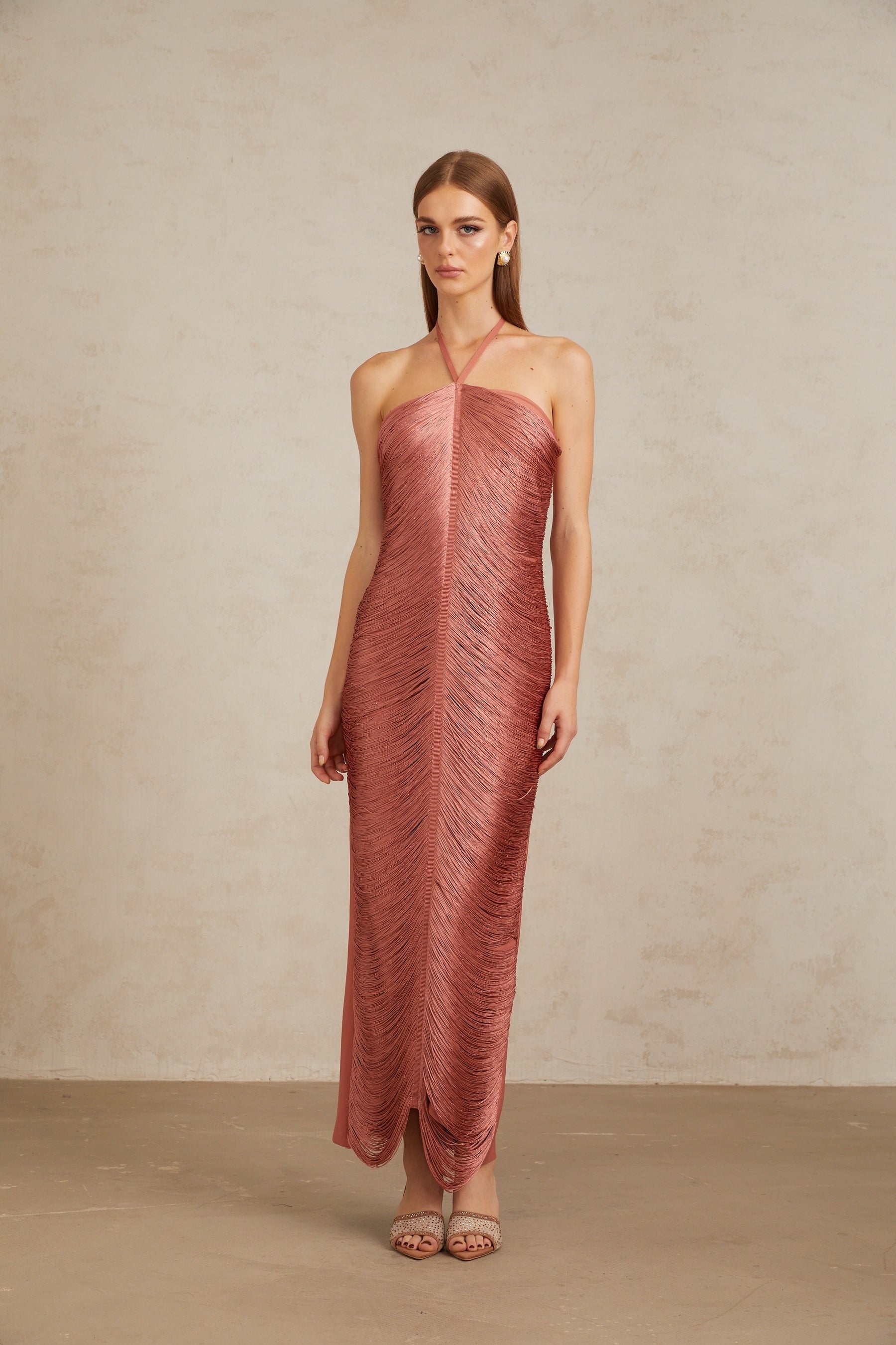 Polliana Pink Fringed Corset Maxi Gown