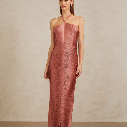Polliana Pink Fringed Corset Maxi Gown in Pink color