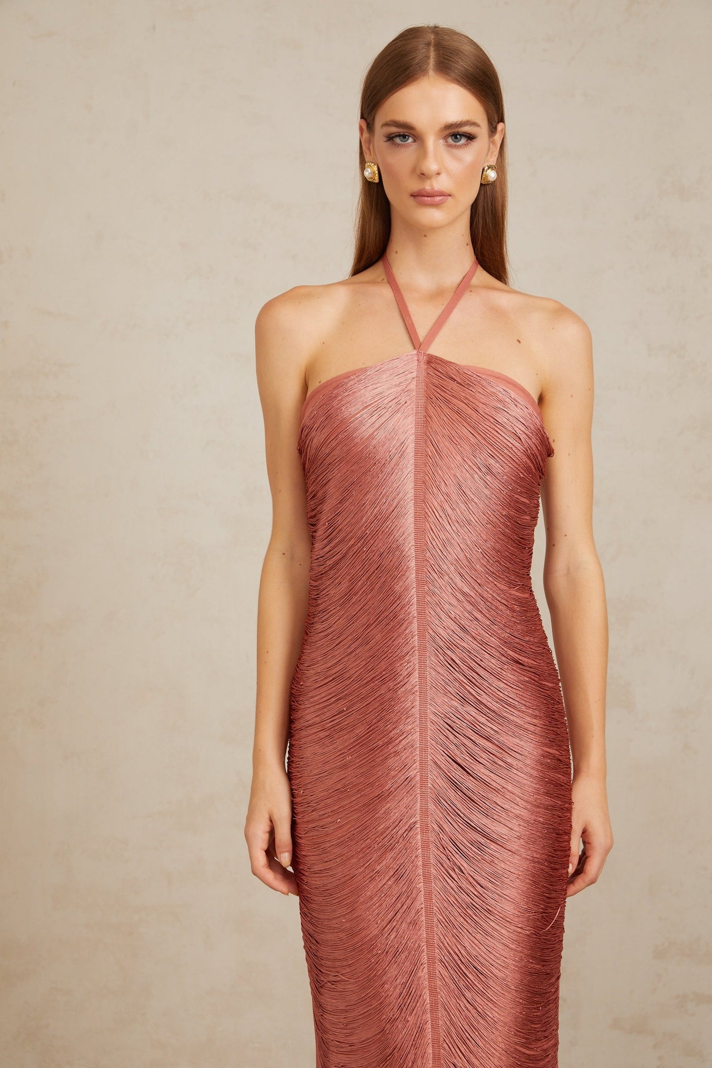 Polliana Pink Fringed Corset Maxi Gown