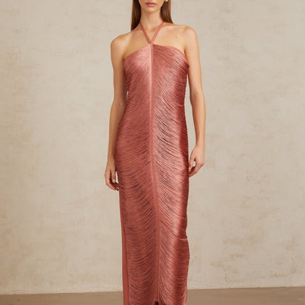 Polliana Pink Fringed Corset Maxi Gown in Pink color