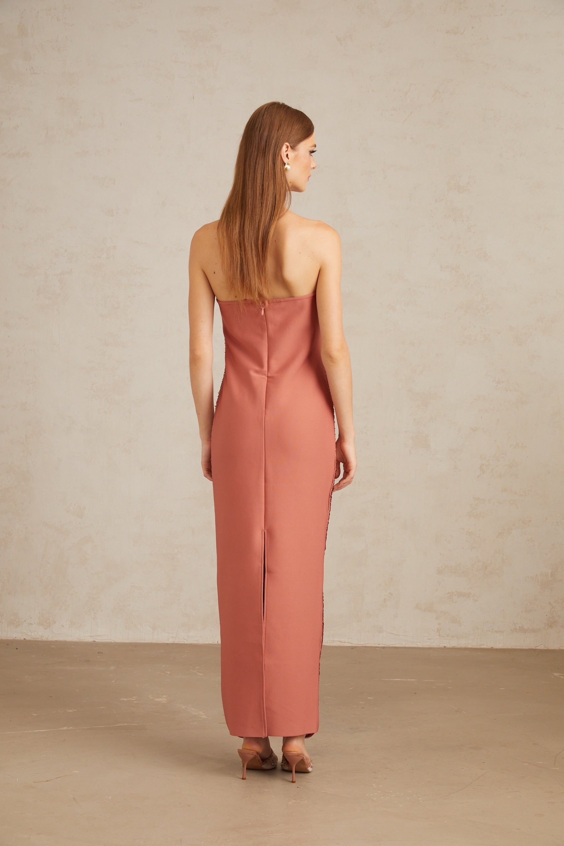 Polliana Pink Fringed Corset Maxi Gown