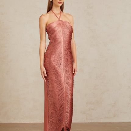 Polliana Pink Fringed Corset Maxi Gown in Pink color