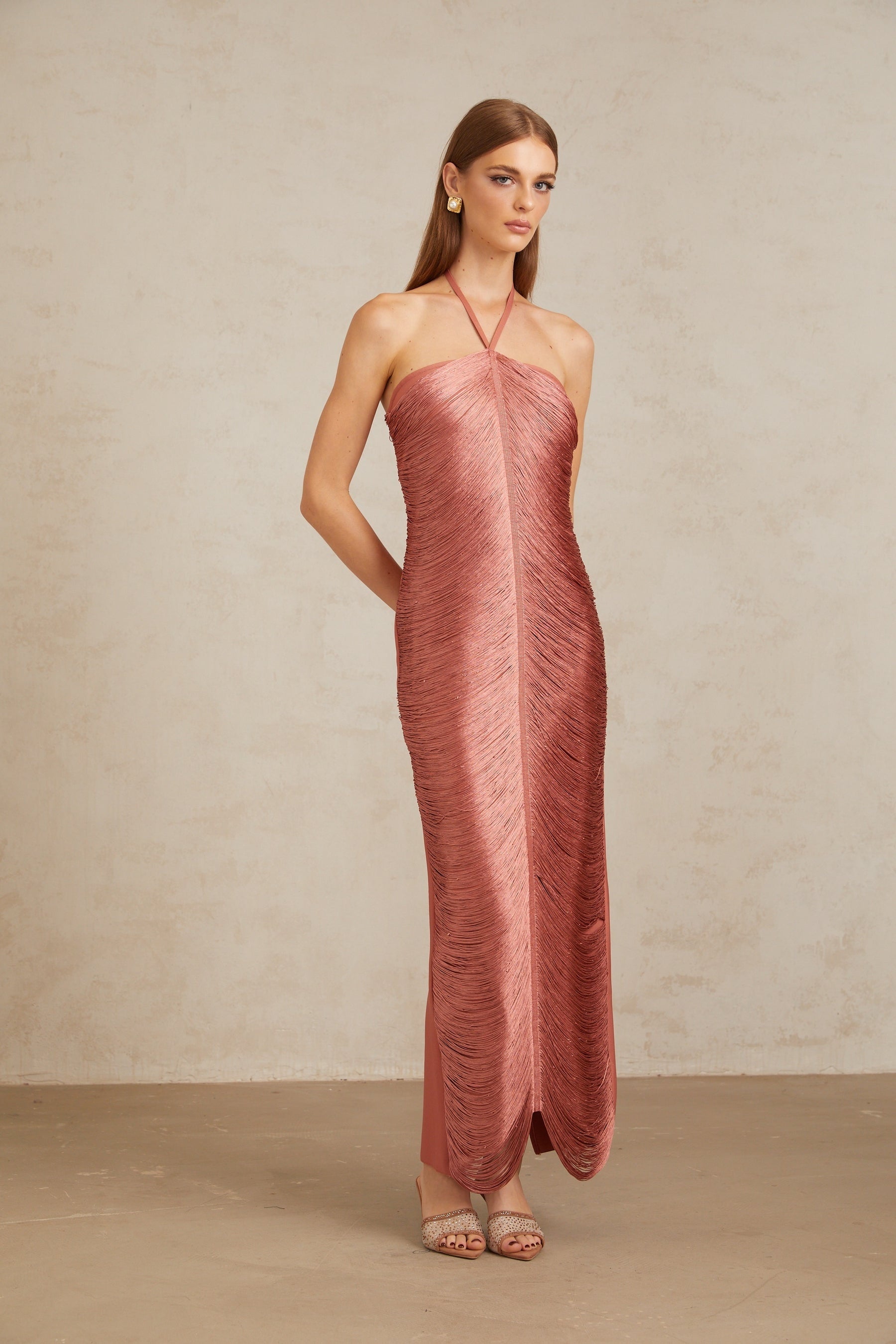 Polliana Pink Fringed Corset Maxi Gown