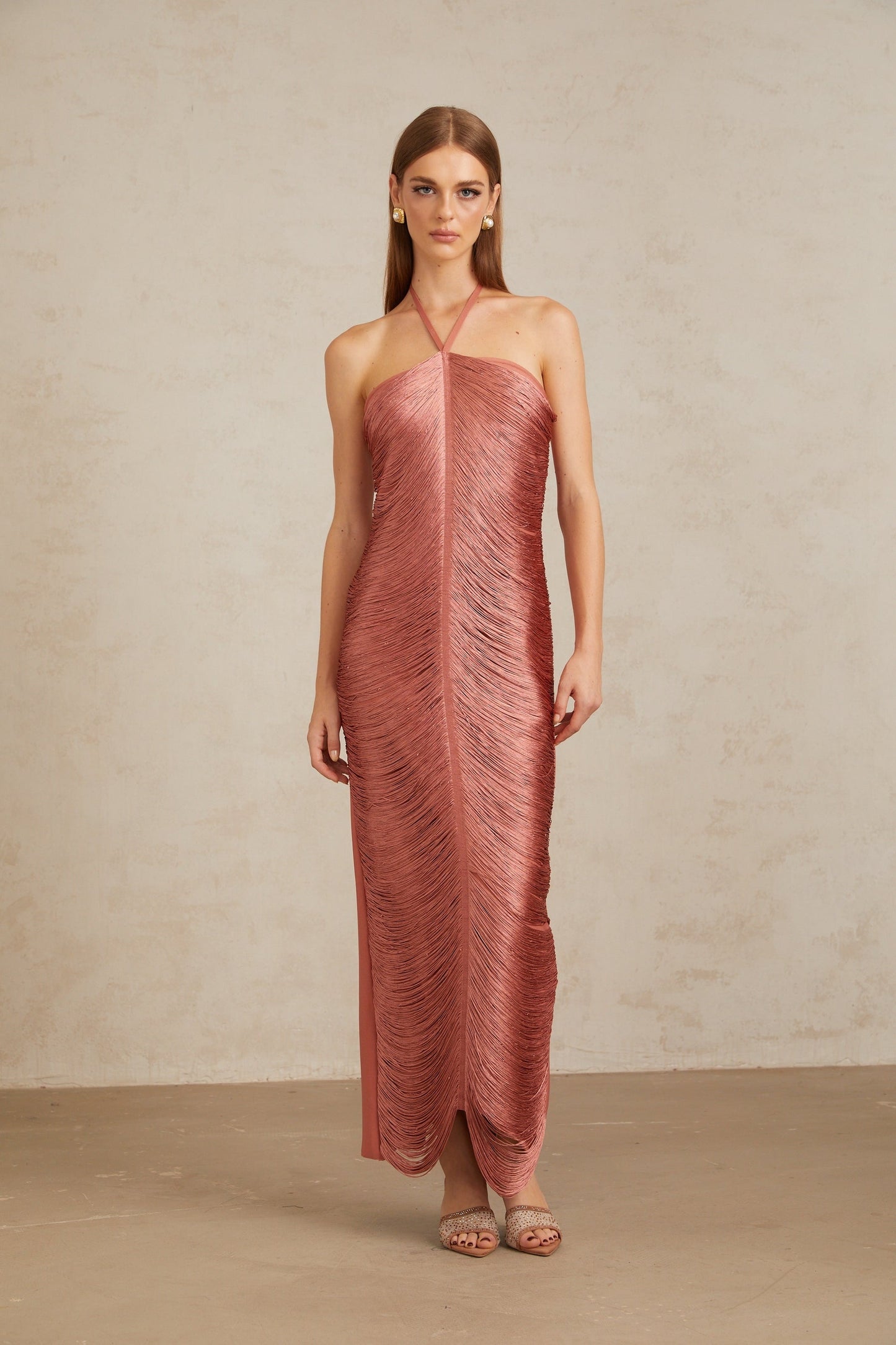 Polliana Pink Fringed Corset Maxi Gown