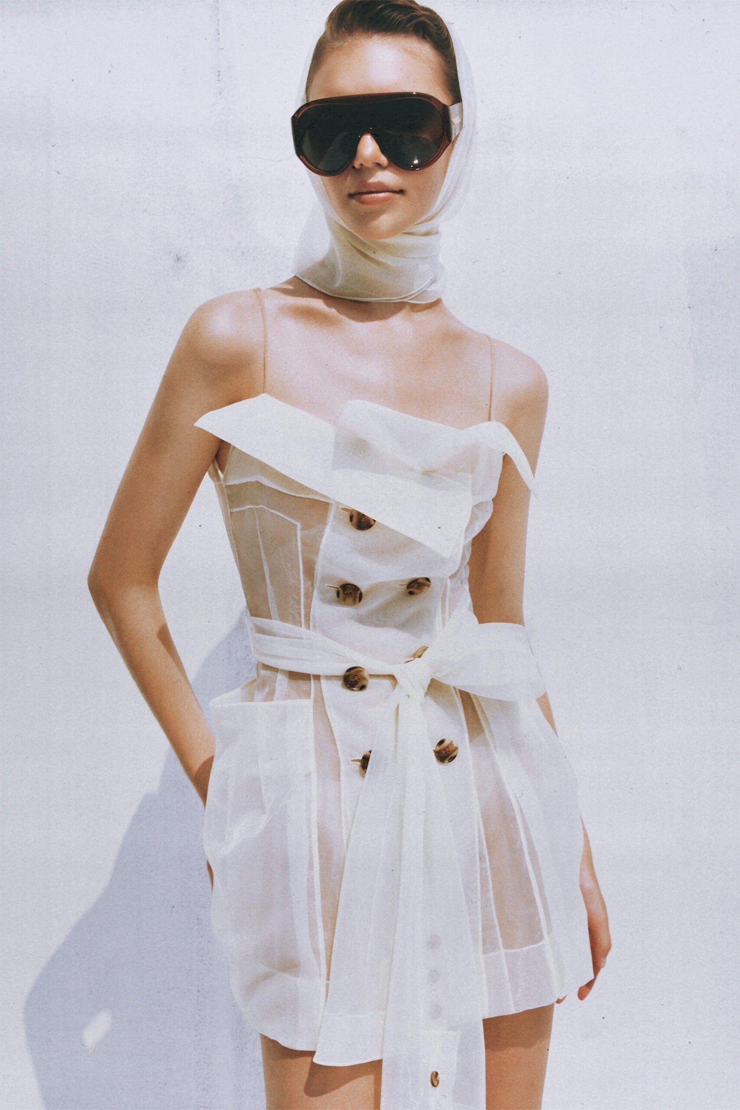 Polliana White Double Breasted Organza Mini Dress