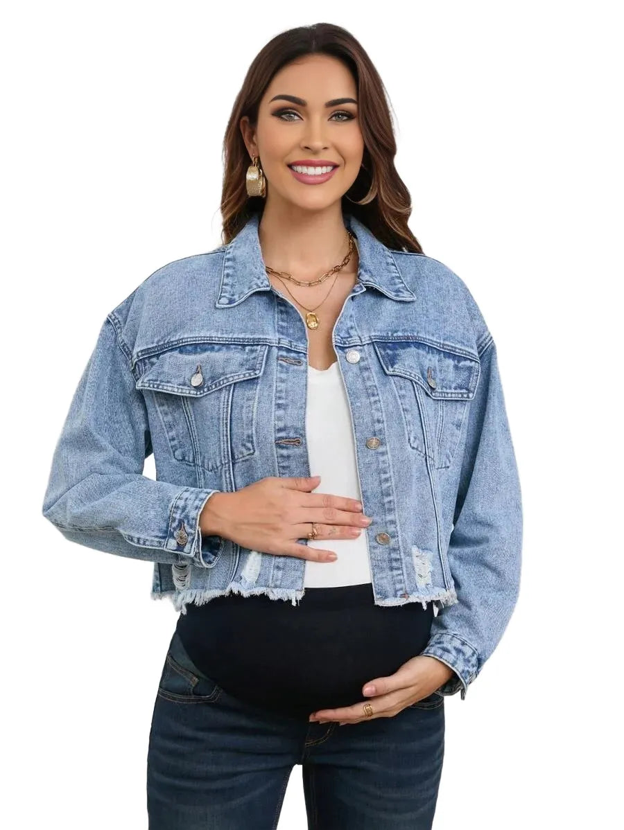 Pregnant Women Casual Outgoing Distressed Short Denim Jacket NonStretchy Autumn
