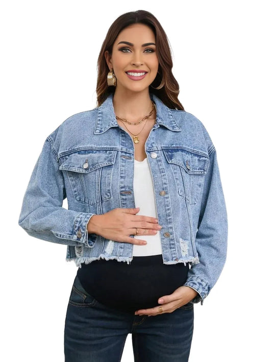 Pregnant Women Casual Outgoing Distressed Short Denim Jacket NonStretchy Autumn