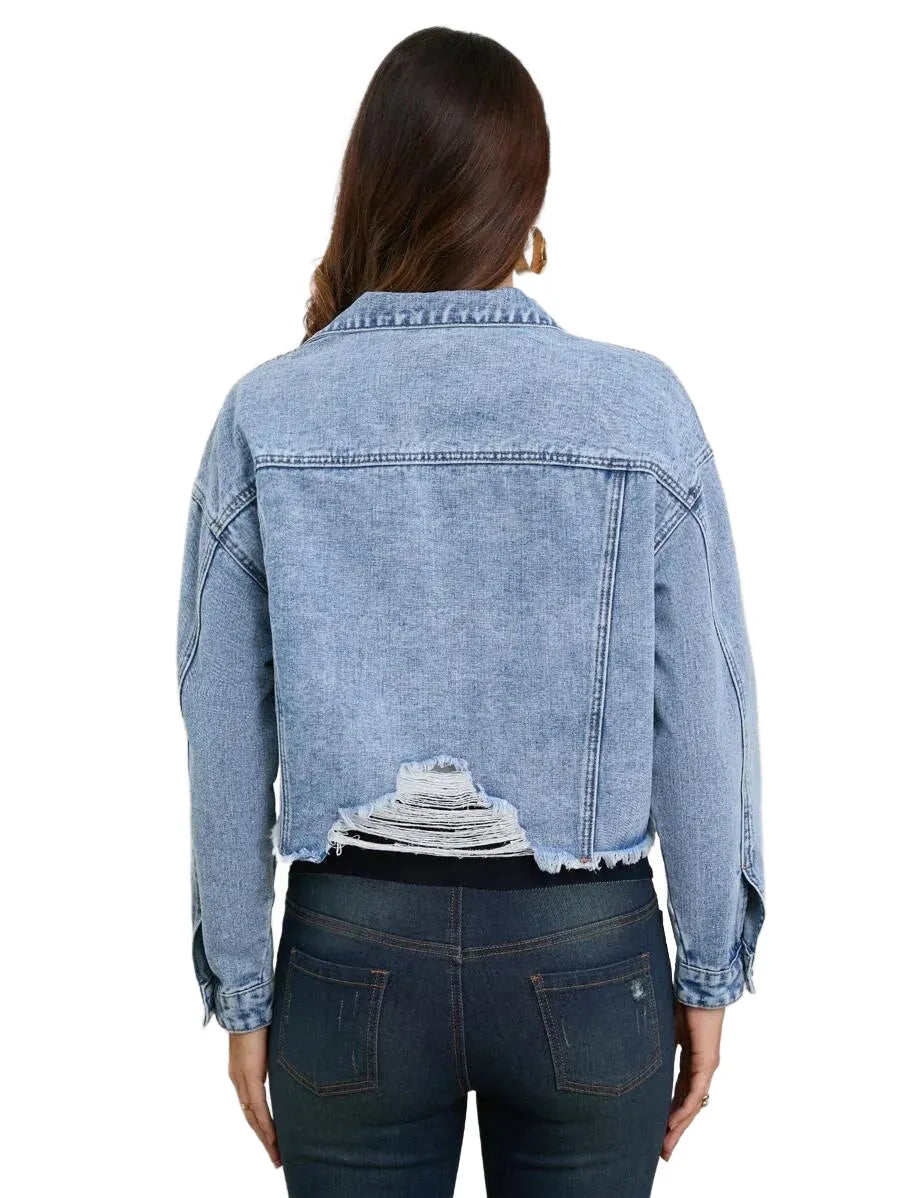 Pregnant Women Casual Outgoing Distressed Short Denim Jacket NonStretchy Autumn