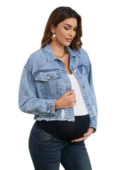 Pregnant Women Casual Outgoing Distressed Short Denim Jacket NonStretchy Autumn