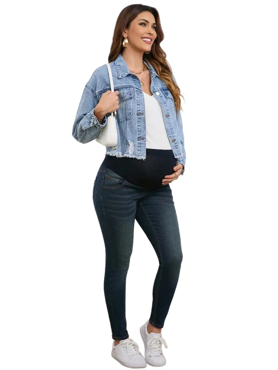 Pregnant Women Casual Outgoing Distressed Short Denim Jacket NonStretchy Autumn
