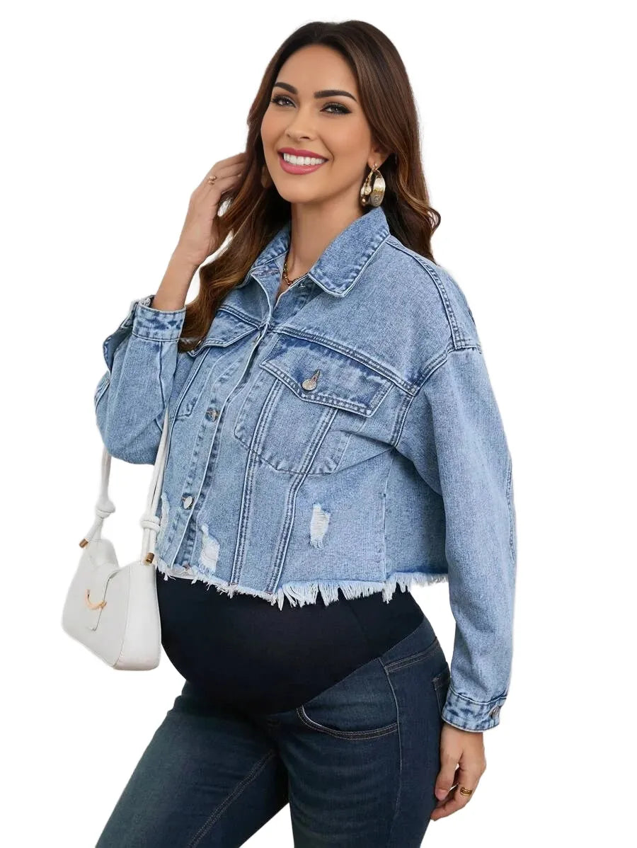 Pregnant Women Casual Outgoing Distressed Short Denim Jacket NonStretchy Autumn